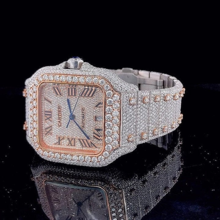 Cartier Santos fully iced out Moissanite Diamond Watch - Luxury Wristwatch