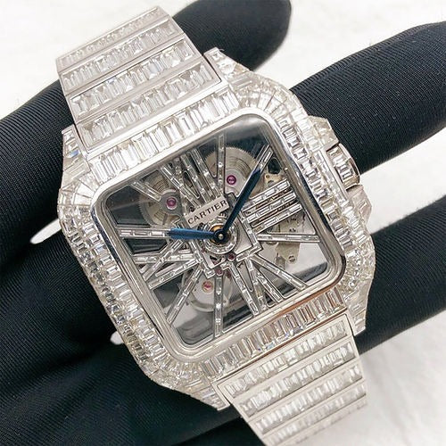 Cartier Skeleton full iced out Baguette Moissanite Diamond Watch