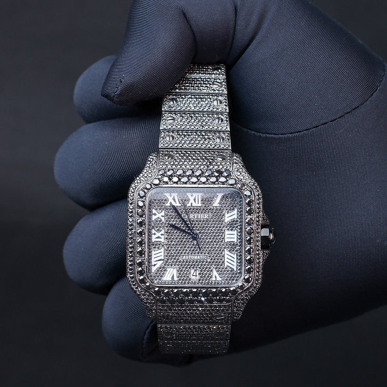 iced out Cartier black moissanite diamond watch