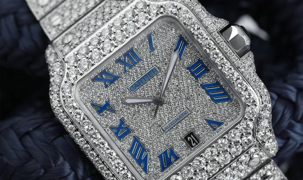 Cartier Santos fully iced out Moissanite Diamond Watch - Luxury Wristwatch