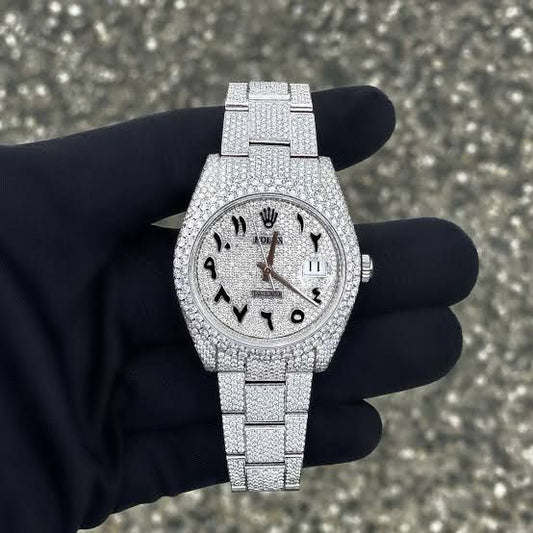 Swiss Movement Round Cut VVS Moissanite Diamond Studded Rose Two Tone Genuine Handmade Stainless Steel Iced Out Watch, Fully Bus Down Iced Out Watch 805