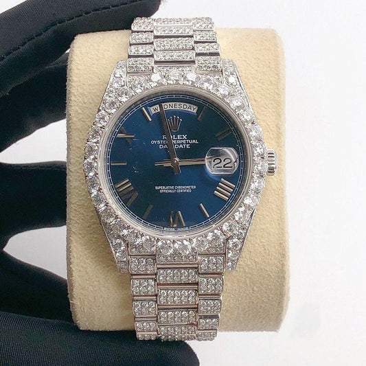 Rolex Day-Date Blue Dial fully iced out Moissanite Diamond Watch