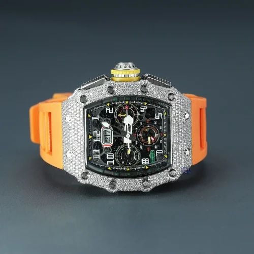 Hip Hop Moissanite Diamond Watch For Men's With Orange Rubber Belt