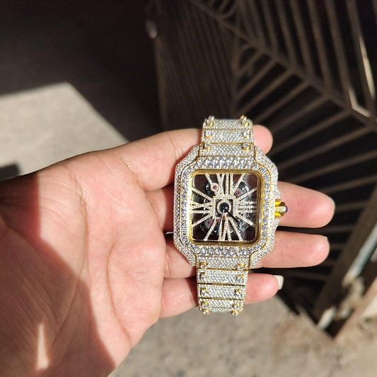 fully iced out Cartier Skeleton moissanite watch