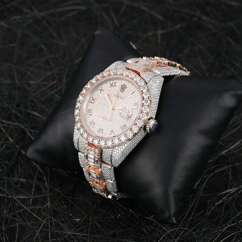 Rolex full iced out dual tone White & Rose Gold Moissanite Diamond Watch