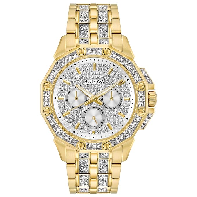 Men's Goldtone Crystal Swarovski Pav= Dial Watch