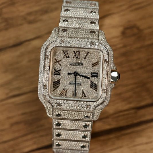 Cartier Santos fully iced out Moissanite Diamond Watch - Luxury Wristwatch