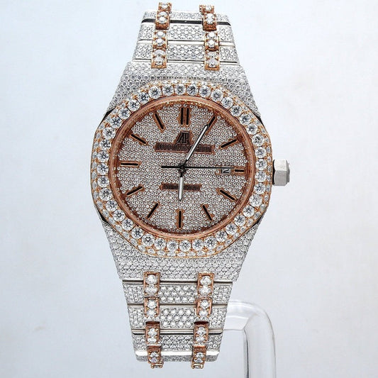 fully iced out AP moissanite watch rose gold dual tone