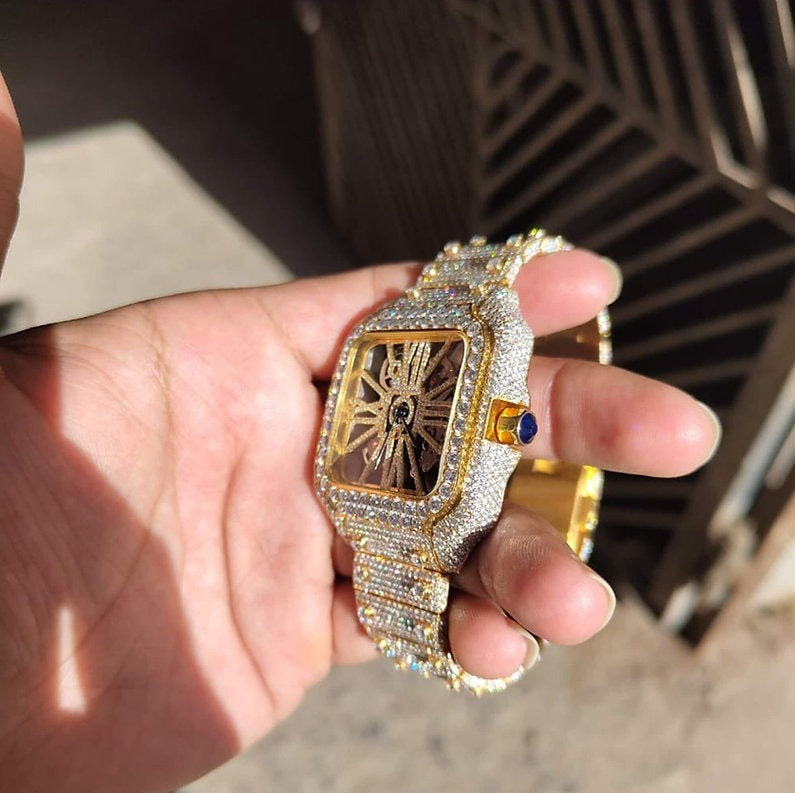 fully iced out Cartier Skeleton moissanite watch