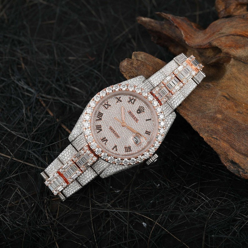 Rolex full iced out dual tone White & Rose Gold Moissanite Diamond Watch