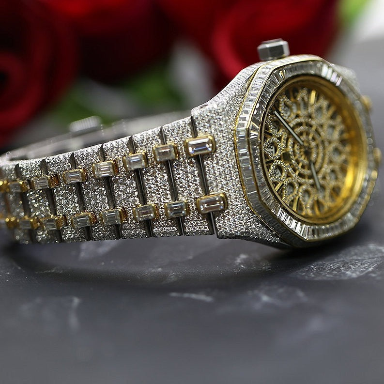 iced out Ap moissanite watch baguette in bezel