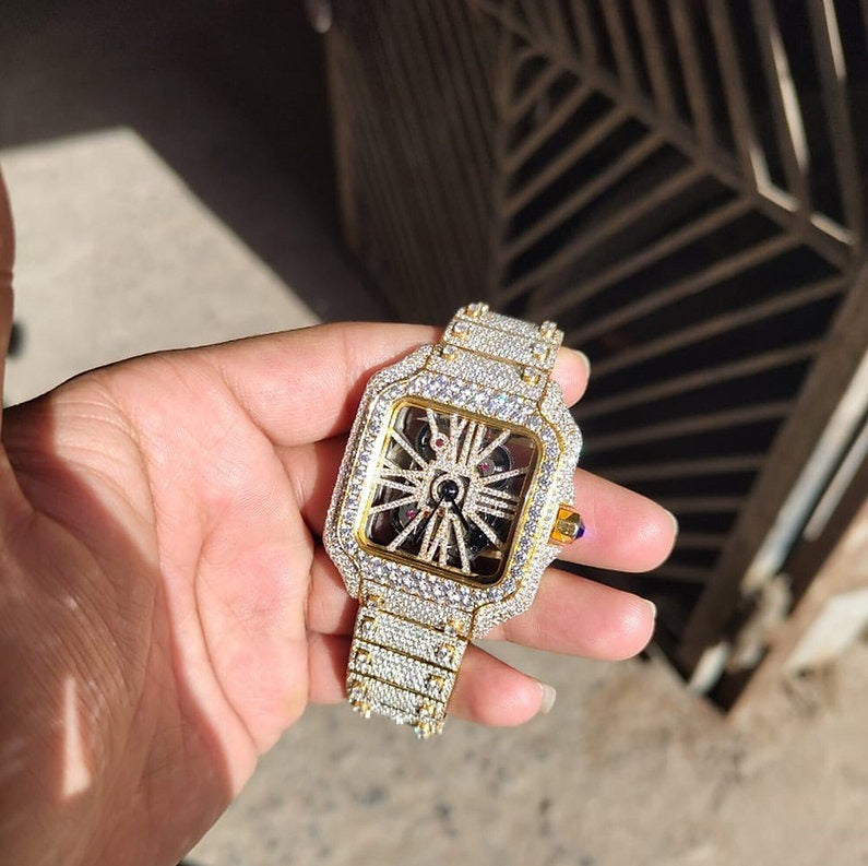 fully iced out Cartier Skeleton moissanite watch