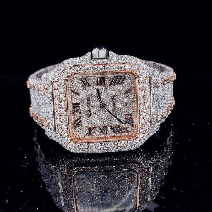 Cartier Santos fully iced out Moissanite Diamond Watch - Luxury Wristwatch