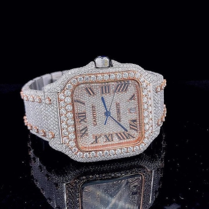 Cartier Santos fully iced out Moissanite Diamond Watch - Luxury Wristwatch