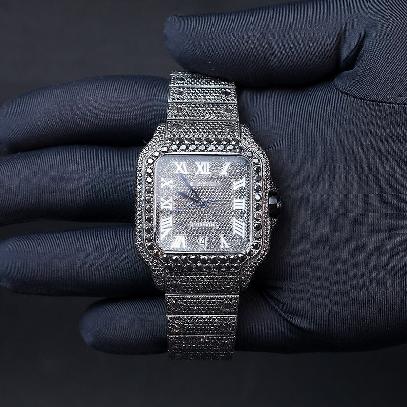 iced out Cartier black moissanite diamond watch