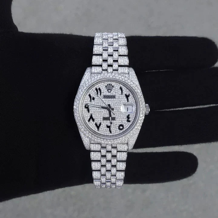 Swiss Movement Round Cut VVS Moissanite Diamond Studded Rose Two Tone Genuine Handmade Stainless Steel Iced Out Watch, Fully Bus Down Iced Out Watch 805