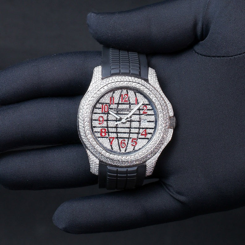 iced out Patek Philippe moissanite Watch black rubber strap