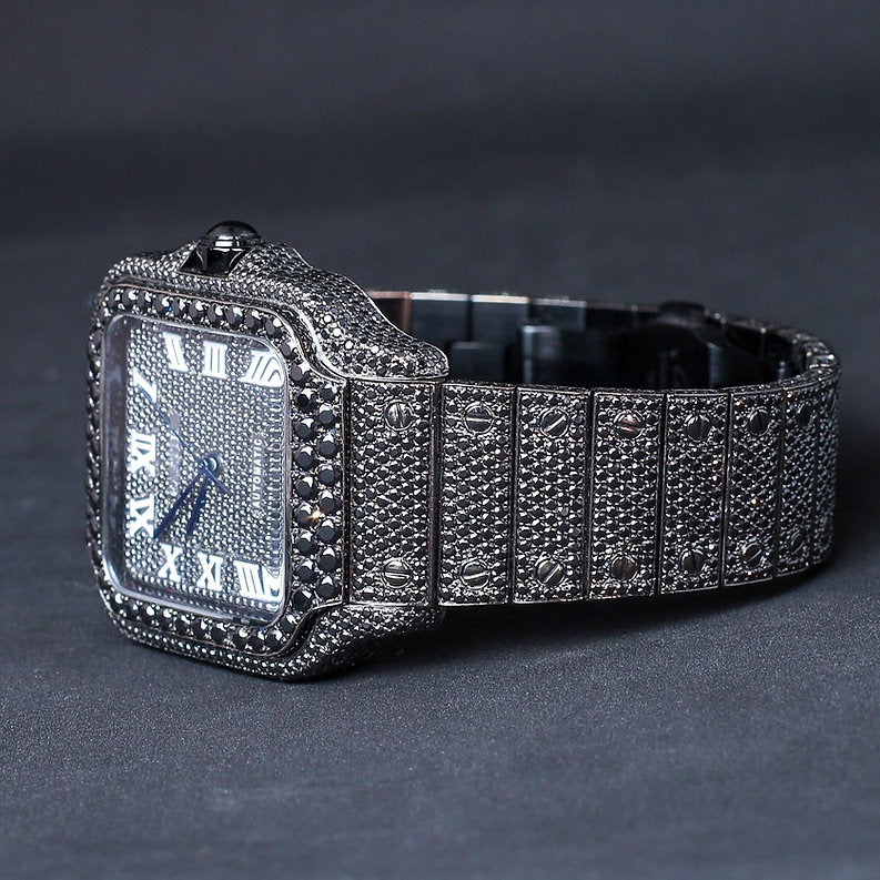 iced out Cartier black moissanite diamond watch